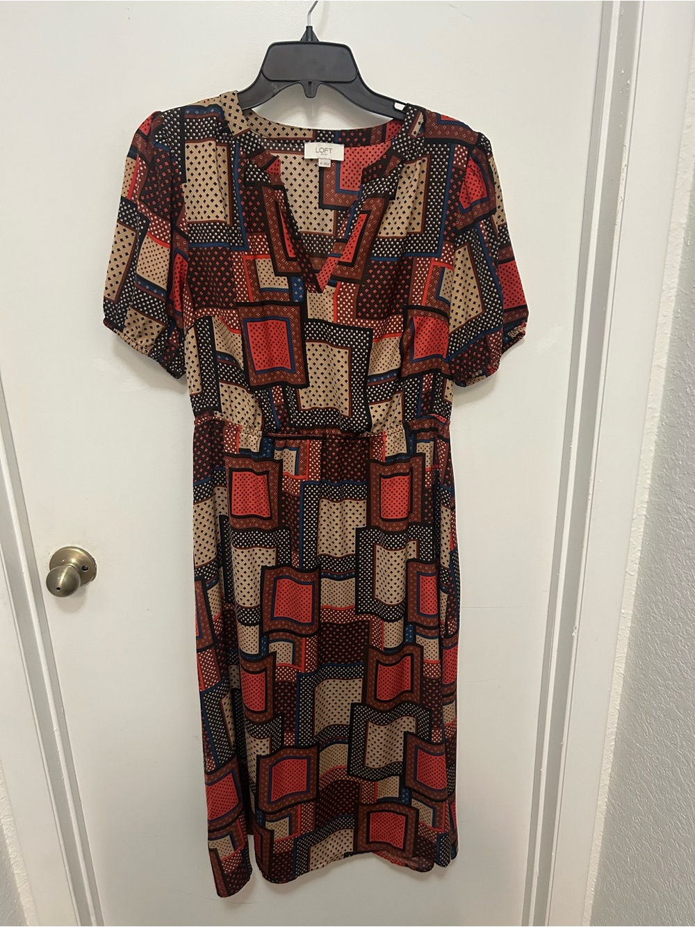LOFT Red, Tan & Black Geometric Midi Dress
